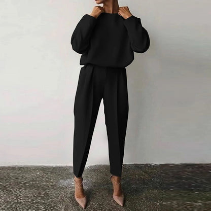 Damen Zweiteiler Set, schwarz, langärmelig, Hose, elegantes Outfit, modisch, bequem.