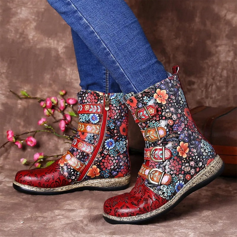 Bunte Damenstiefel mit Blumenmuster, Leder, Reißverschluss, Schnallen, modisch, bequem.