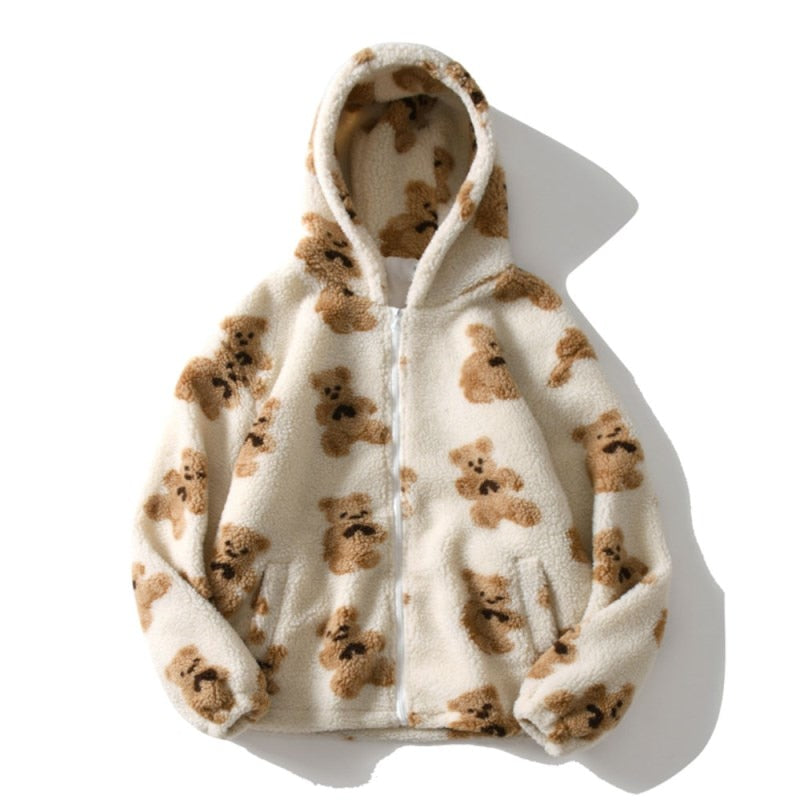Kapuzenjacke aus Plüsch, cremefarben, mit Bärenmuster, warm, modisch, Damenbekleidung.