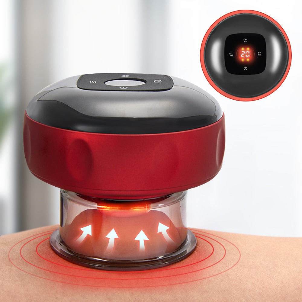 Rotes elektrisches Schröpfgerät mit digitalem Display auf Haut, Massagegerät, Wellness.
