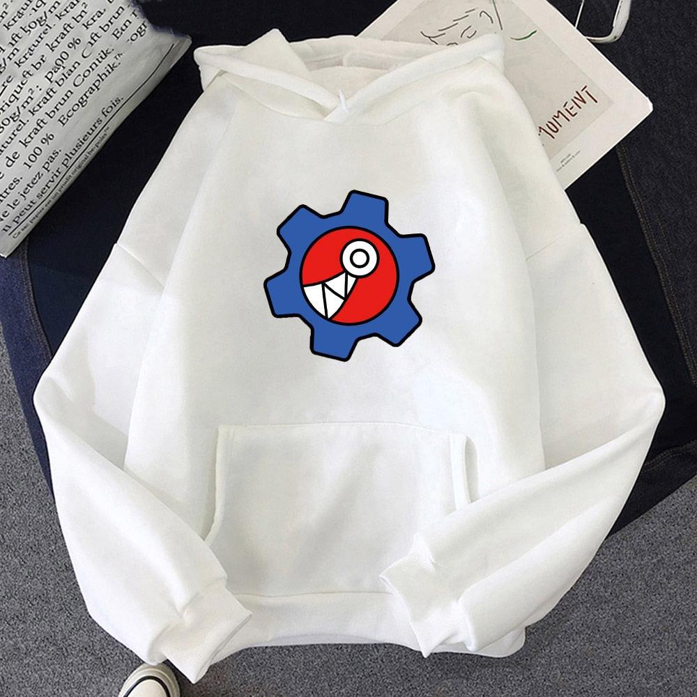 Weiße Kapuzenjacke mit buntem Zahnrad-Design, Baumwolle, Unisex, modisch, bequem.