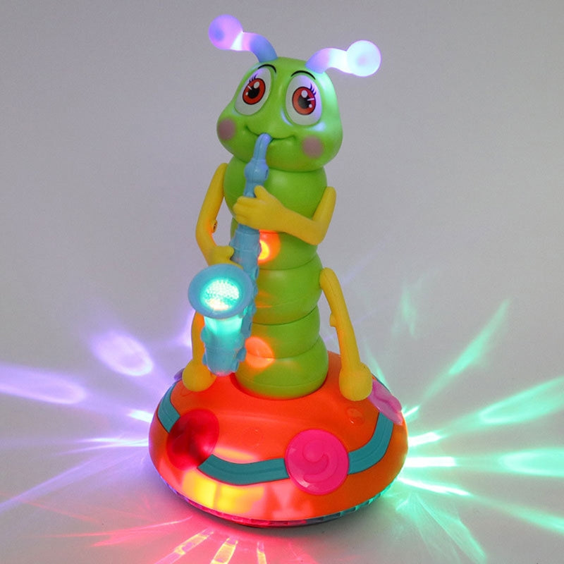 Grünes Spielzeugraupe mit Saxophon, leuchtend, bunt, LED-Licht, Kinder, Musikspielzeug.