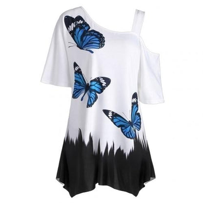 Damen-T-Shirt mit blauen Schmetterlingen, weiß-schwarz, asymmetrisch, Sommermode.