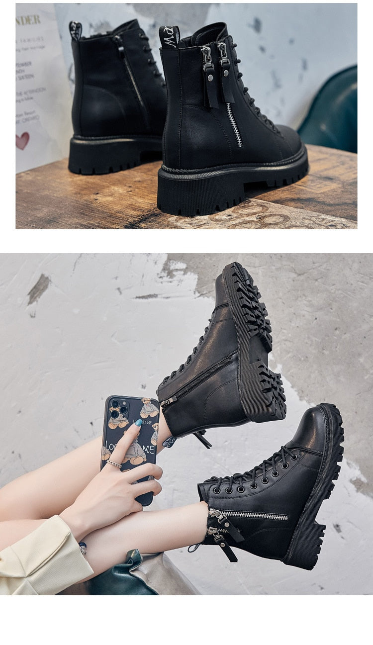 Schwarze Damenstiefel mit Reißverschluss, robustes Design, modische Herbst-Winter-Schuhe.