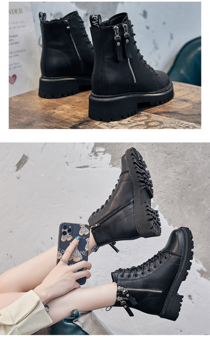 Schwarze Damenstiefel mit Reißverschluss, robustes Design, modische Herbst-Winter-Schuhe.