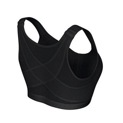 Schwarzer Sport-BH Damen, nahtlos, atmungsaktiv, Rückansicht, Fitness, Yoga, elastisch.