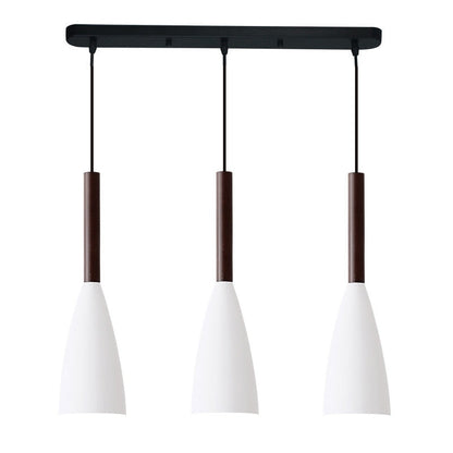 Moderne dreiflammige Pendelleuchte, weiß und braun, für Esszimmer oder Küche.