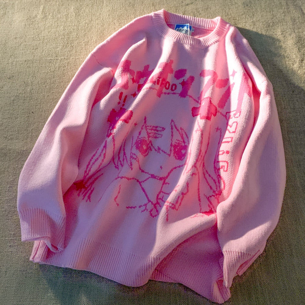 Rosa Anime-Pullover mit Grafik, Baumwolle, Unisex, lässig, modisch, gemütlich, Herbstkleidung.