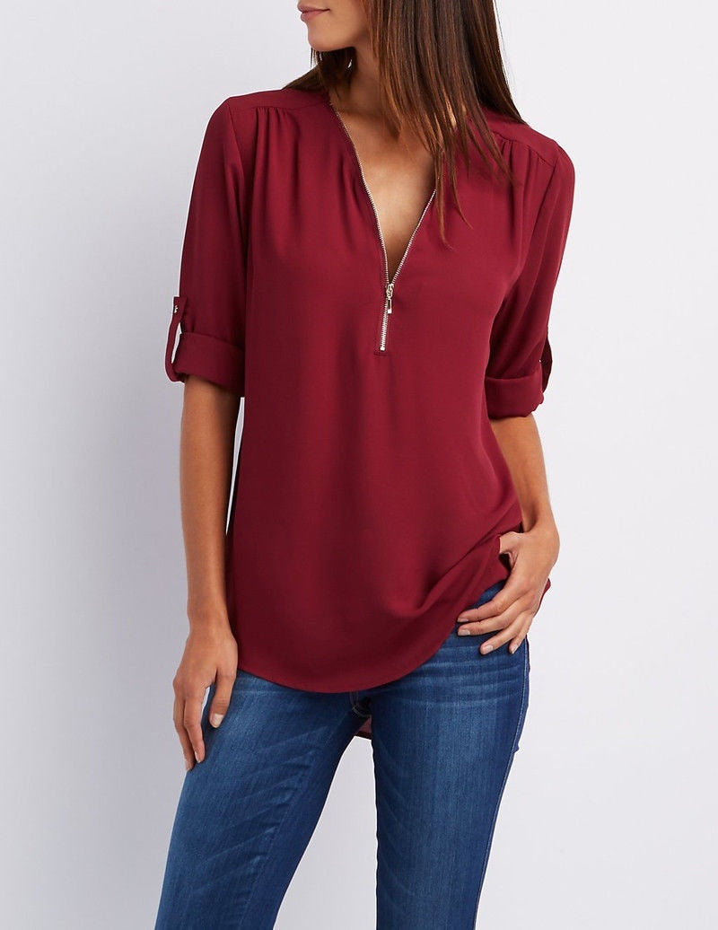 Damenbluse bordeauxrot mit Reißverschluss, 3/4-Ärmel, lässig, elegant, V-Ausschnitt, Freizeitmode.