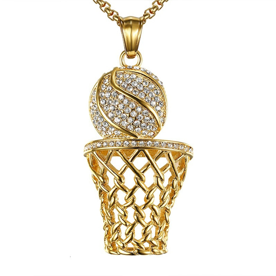 Goldene Basketball-Halskette mit Strasssteinen, modisches Schmuckstück für Sportfans.