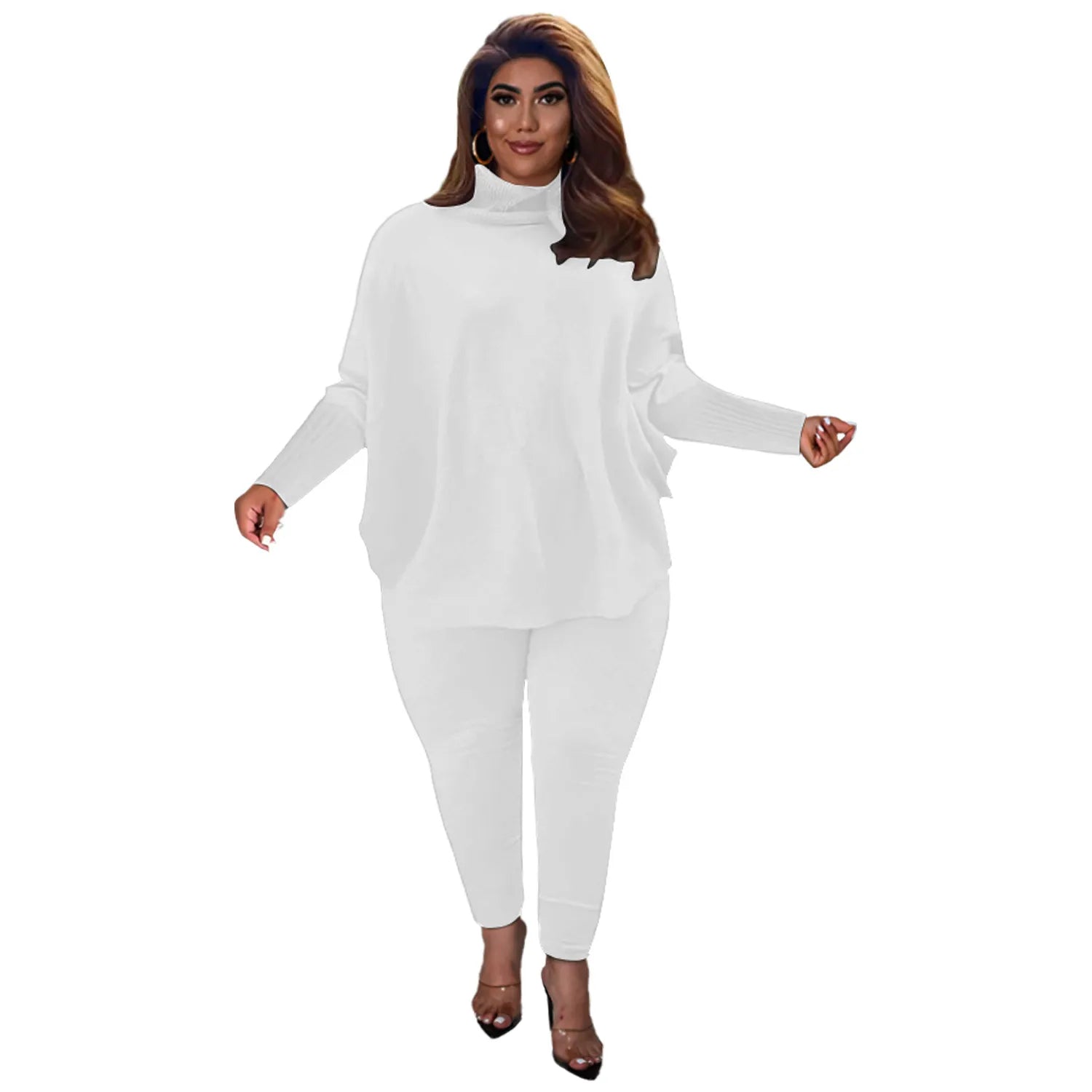 Damen Zweiteiler Set, weiß, langärmelig, Rollkragen, Freizeitmode, bequem, elegant.
