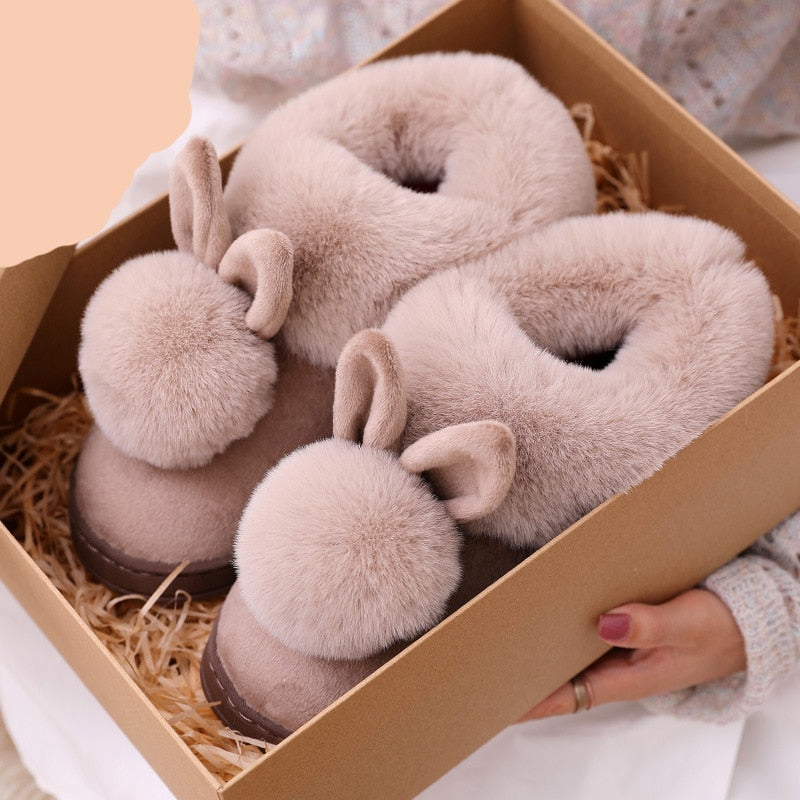 Kuschelige Hausschuhe mit Hasenohren, beige, Plüsch, Damen, Geschenkbox, Wintermode.