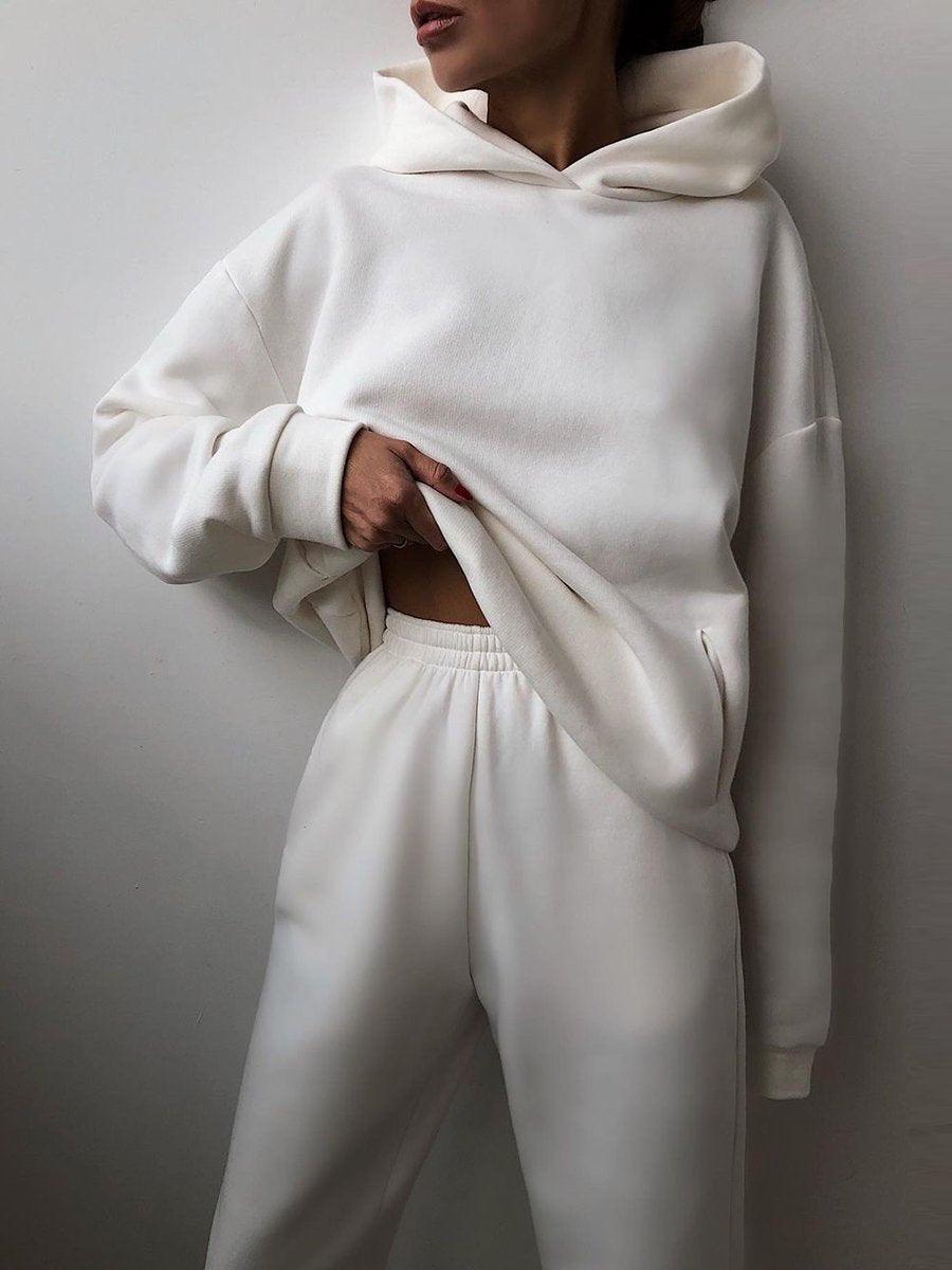 Damen weißer Hoodie und Jogginghose Set, bequem, lässig, Baumwolle, Freizeitkleidung.