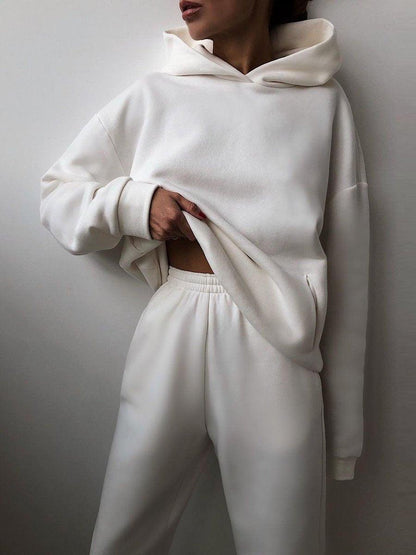Damen weißer Hoodie und Jogginghose Set, bequem, lässig, Baumwolle, Freizeitkleidung.
