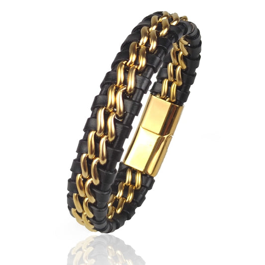 Schwarzes Lederarmband mit goldener Edelstahlkette, Herrenarmband, modisch, robust.