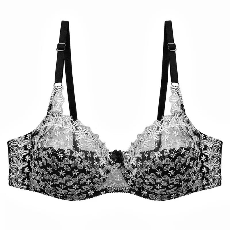 Schwarzer Spitzen-BH mit floralen Stickereien, verstellbaren Trägern, eleganter Damenunterwäsche.