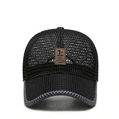 Schwarze Mesh-Baseballkappe mit grauem Rand und Lederetikett, atmungsaktiv, Unisex.