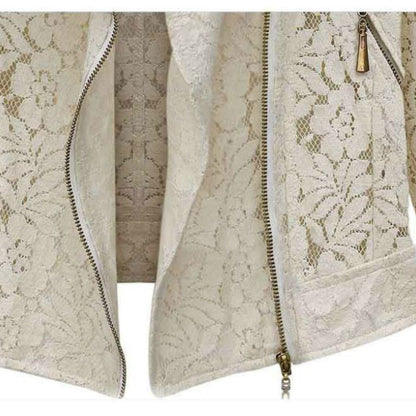 Beige Damenjacke aus Spitze mit Reißverschluss, florales Muster, modisch, elegant.
