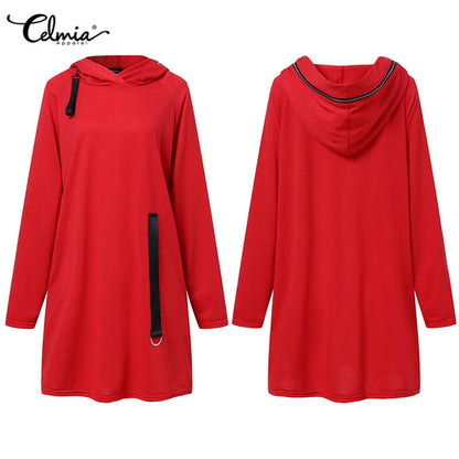 Rotes Damen-Kapuzenkleid, langärmelig, Freizeit, mit schwarzem Band, Celmia Marke.