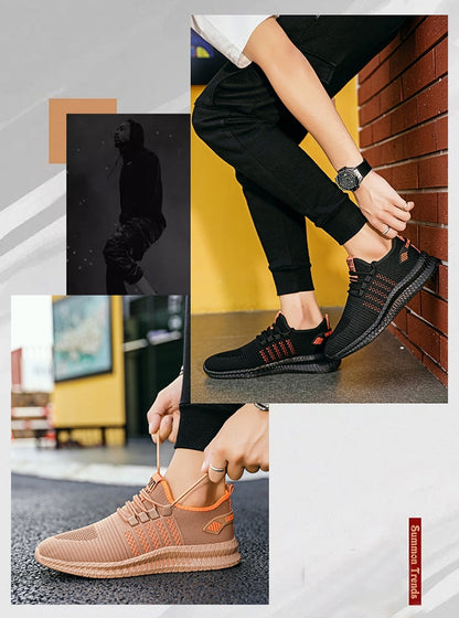 Schwarze und orangefarbene Sportschuhe, atmungsaktiv, für Herren, ideal für Laufen und Freizeit.
