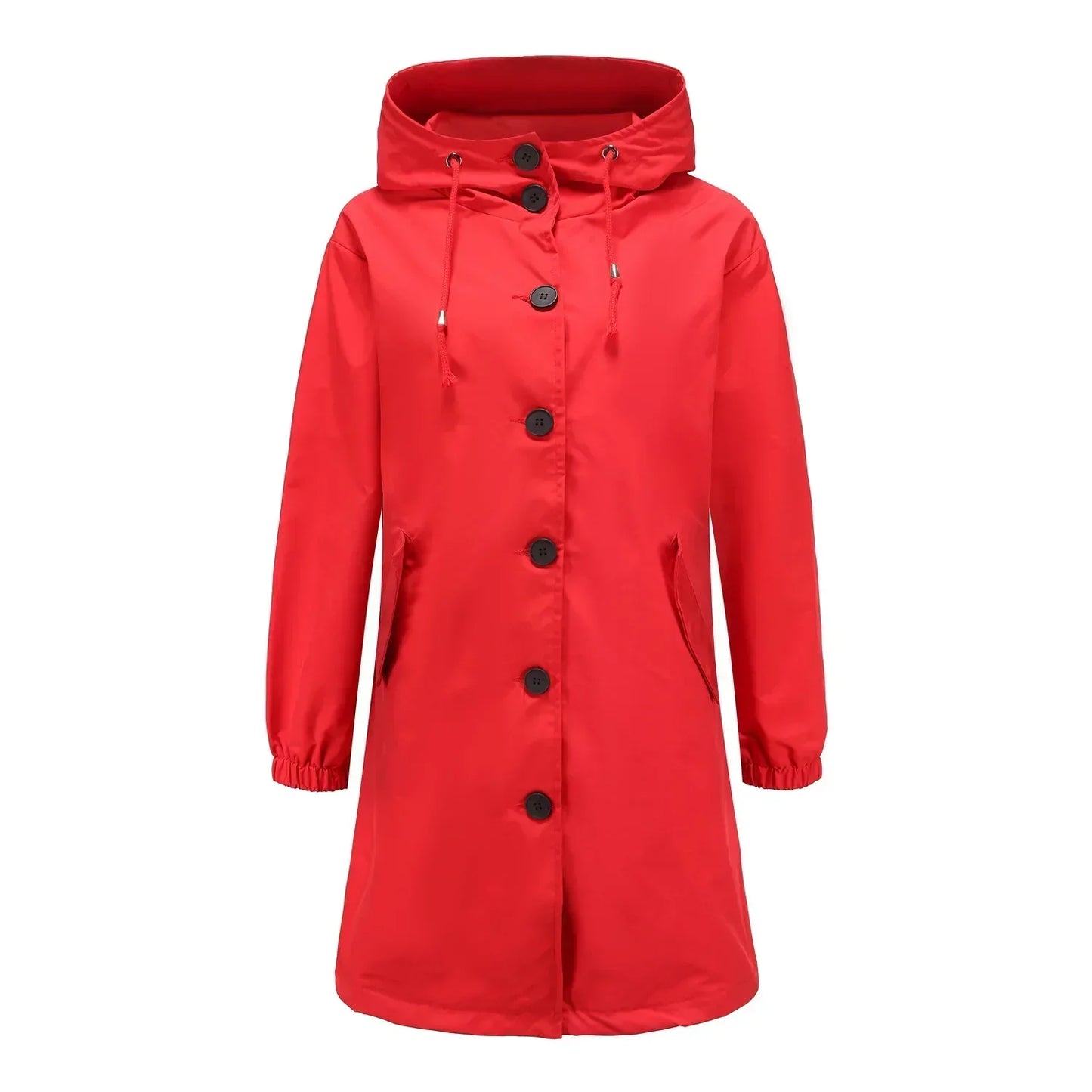 Roter Damen-Regenmantel mit Kapuze, Knöpfen und Taschen, wasserdicht, modisch.