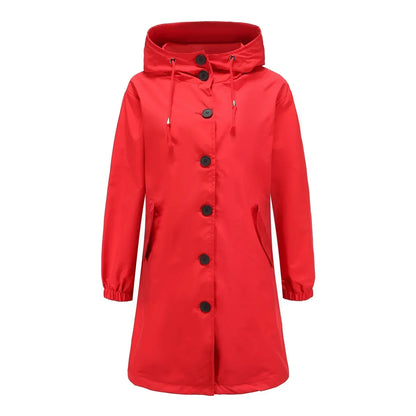 Roter Damen-Regenmantel mit Kapuze, Knöpfen und Taschen, wasserdicht, modisch.