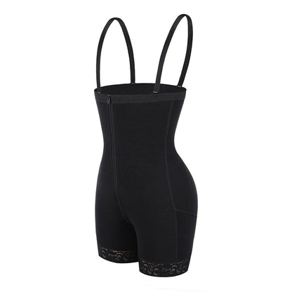 Schwarzer figurformender Body mit Trägern, Reißverschluss, nahtlos, Damen Shapewear.