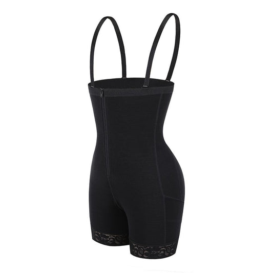Schwarzer figurformender Body mit Trägern, Reißverschluss, nahtlos, Damen Shapewear.