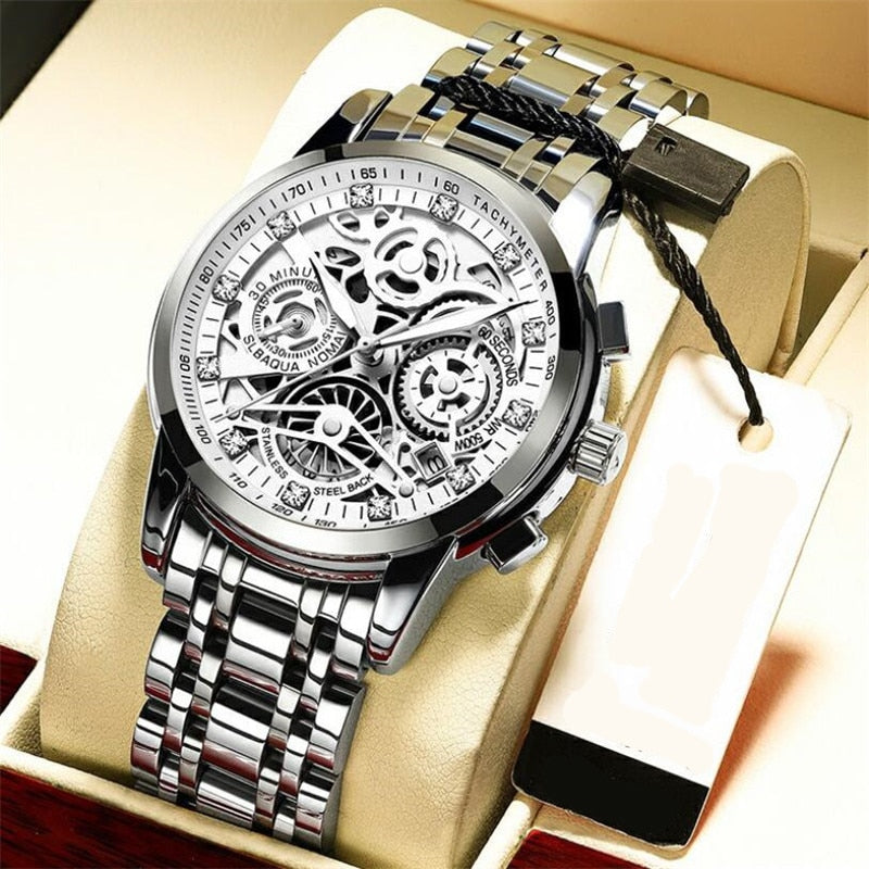 Luxus Herrenarmbanduhr, silbernes Edelstahlgehäuse, skelettiertes Zifferblatt, Chronograph.