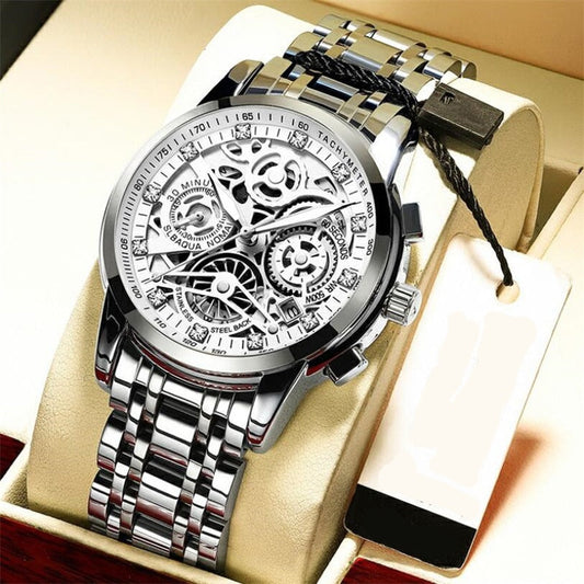 Luxus Herrenarmbanduhr, silbernes Edelstahlgehäuse, skelettiertes Zifferblatt, Chronograph.