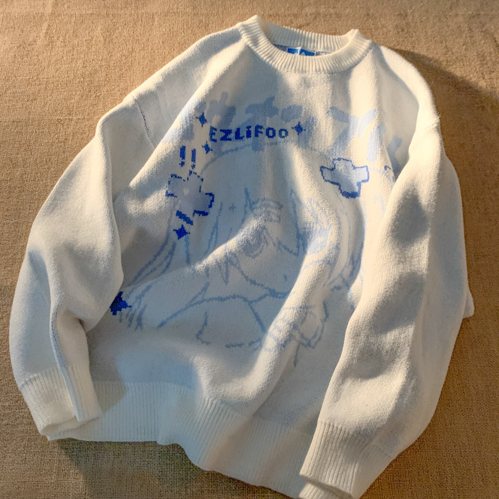 Weißer Pullover mit blauem Cartoon-Design, Baumwolle, lässig, Unisex, modisch, bequem.