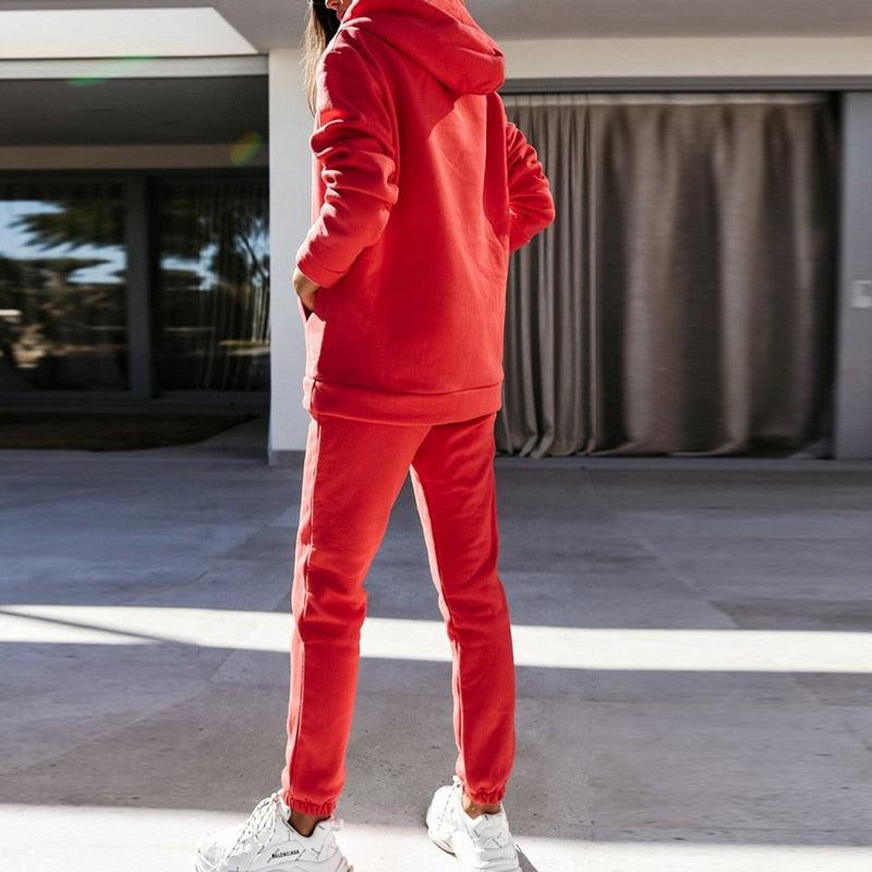 Roter Damen-Hoodie und Jogginghose Set, Freizeitanzug, bequem, modisch, Baumwolle.