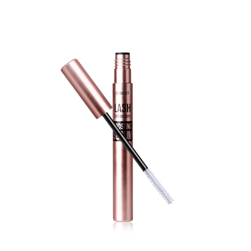 Wimpernserum in roségoldener Flasche mit Bürste, Wimpernwachstum, Kosmetikprodukt.