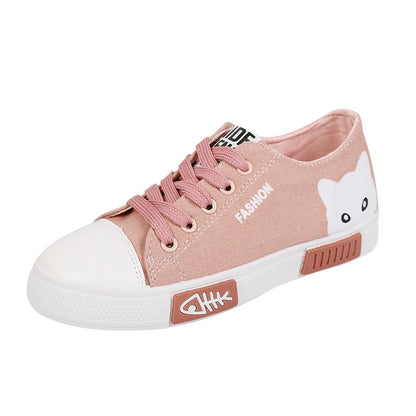 Rosa Kinderschuh mit Katzenmotiv, Segeltuch, Gummisohle, modisch, bequem.
