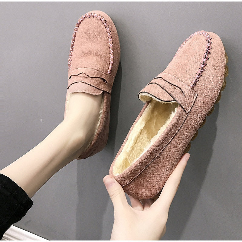 Damen Mokassins rosa Wildleder, gefüttert, rutschfeste Sohle, bequem, modisch.