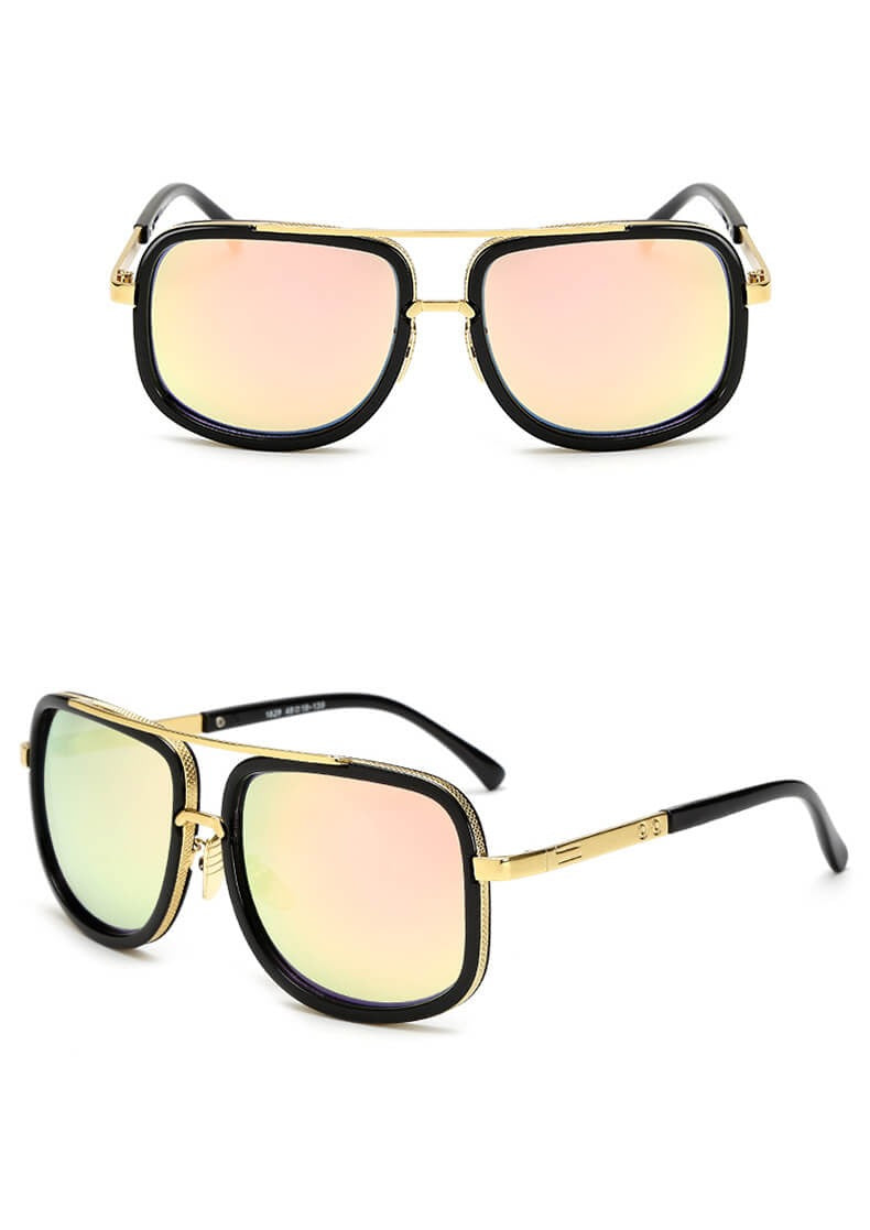 Goldene Sonnenbrille mit schwarzem Rahmen und verspiegelten Gläsern, modisches Accessoire.
