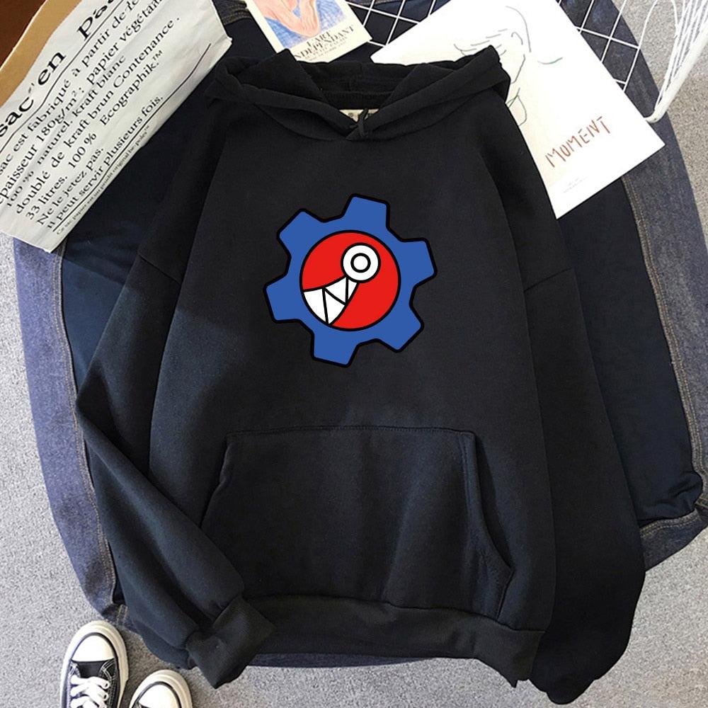 Schwarzer Hoodie mit rotem Zahnrad-Design, Baumwolle, Unisex, lässige Mode, Streetwear.