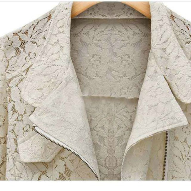 Damen Spitzenjacke, cremefarben, florales Muster, Reißverschluss, elegant, modisch
