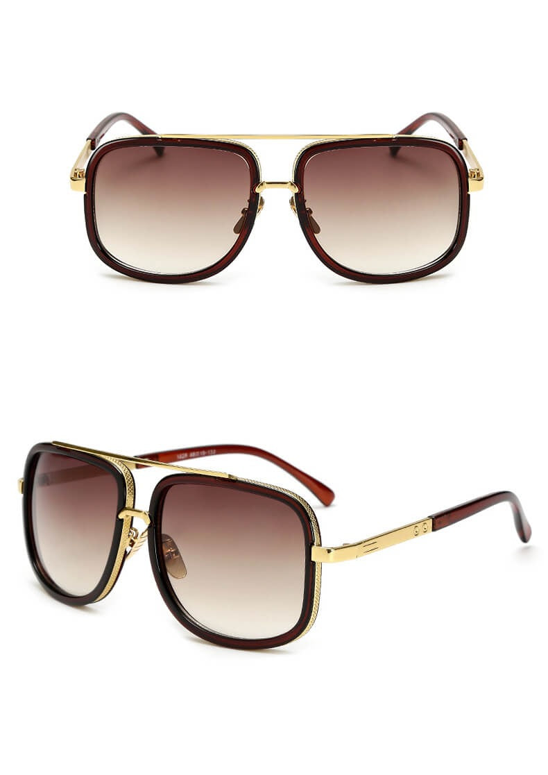 Braune Sonnenbrille mit goldenen Akzenten, quadratische Gläser, Unisex-Design, UV-Schutz.