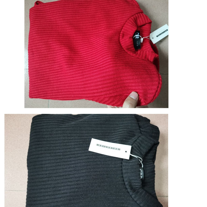 Roter und schwarzer Strickpullover, gerippt, mit Etikett, aus Baumwolle, modisch, warm.
