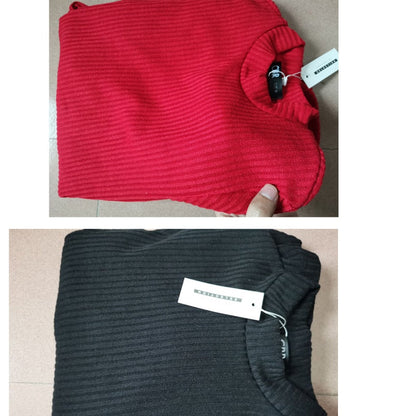 Roter und schwarzer Strickpullover, gerippt, mit Etikett, aus Baumwolle, modisch, warm.