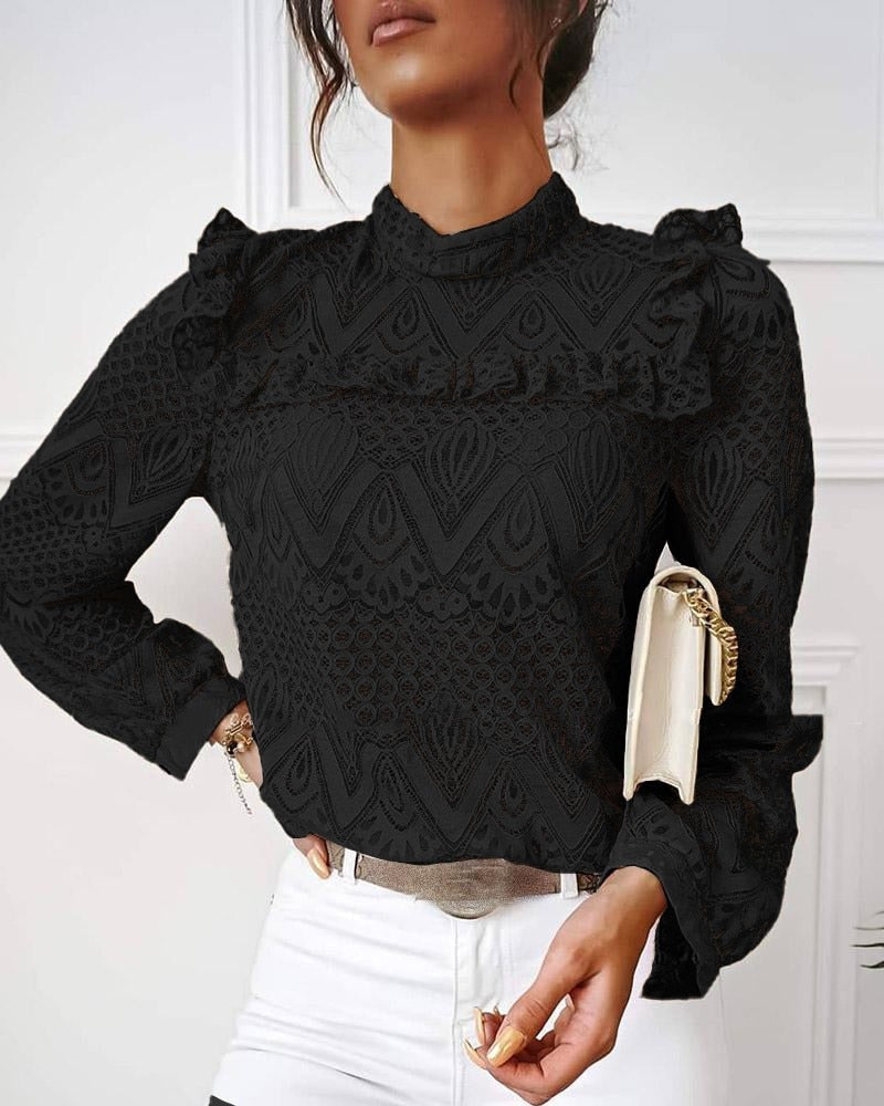 Damenbluse schwarz Spitze Rüschen elegant langarm modisch Büro-Outfit