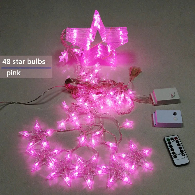 Rosa LED-Stern-Lichterkette mit 48 Sternen, Fernbedienung, Weihnachtsdekoration.