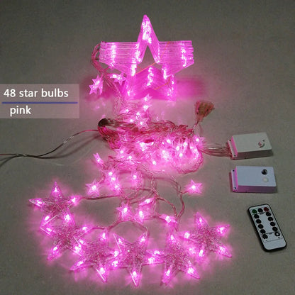 Rosa LED-Stern-Lichterkette mit 48 Sternen, Fernbedienung, Weihnachtsdekoration.
