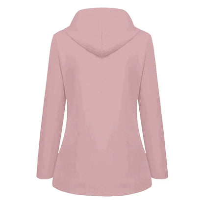 Rosa Damen-Hoodie, langärmelig, Kapuze, Freizeitmode, weiches Material, Rückansicht.