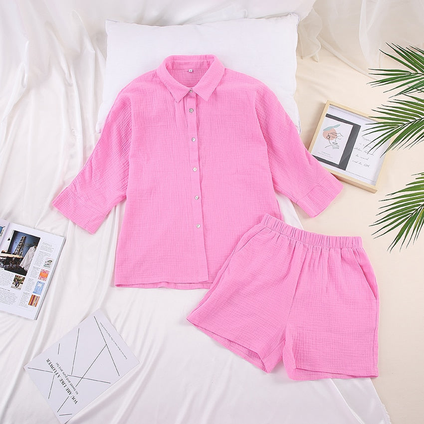Rosa Damen-Pyjama-Set aus Baumwolle, Hemd und Shorts, bequem, atmungsaktiv, Sommermode.