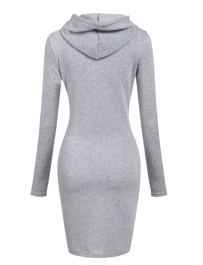 Graues Kapuzenkleid Damen, langärmelig, figurbetont, Freizeitmode, Baumwollmischung.