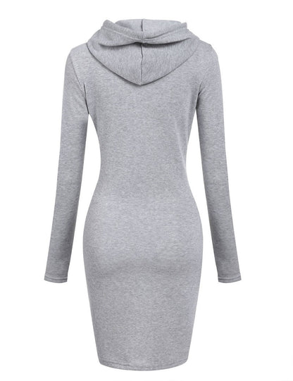Graues Kapuzenkleid Damen, langärmelig, figurbetont, Freizeitmode, Baumwollmischung.