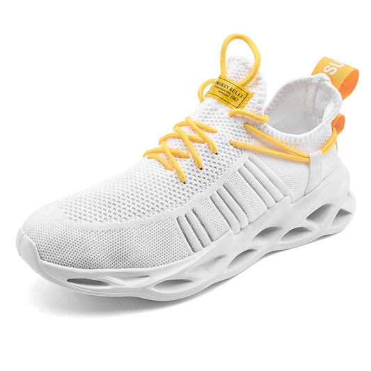 Weiße Sportschuhe mit gelben Schnürsenkeln, atmungsaktives Mesh, rutschfeste Sohle.