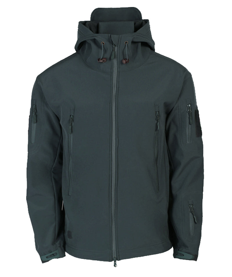 Dunkelgrüne Softshelljacke mit Kapuze, Reißverschlusstaschen, Outdoor-Bekleidung, Herrenmode.